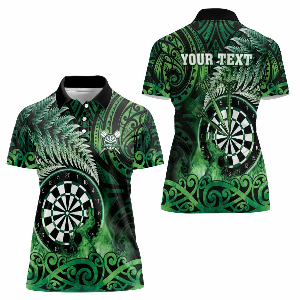 Personalised New Zealand Darts Women Polo Shirt Maori Koru Dartboard Green Flame