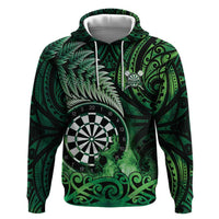 Personalised New Zealand Darts Zip Hoodie Maori Koru Dartboard Green Flame