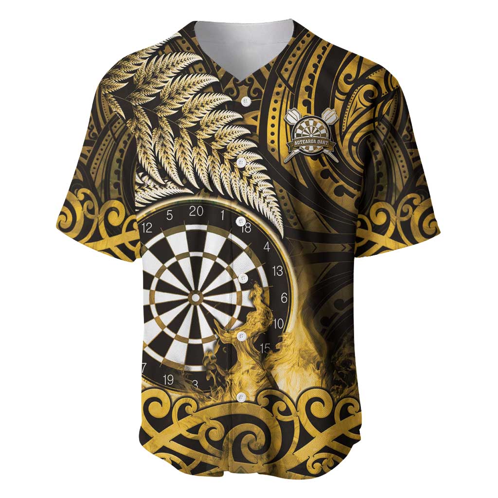 Personalised New Zealand Darts Baseball Jersey Maori Koru Dartboard Gold Flame