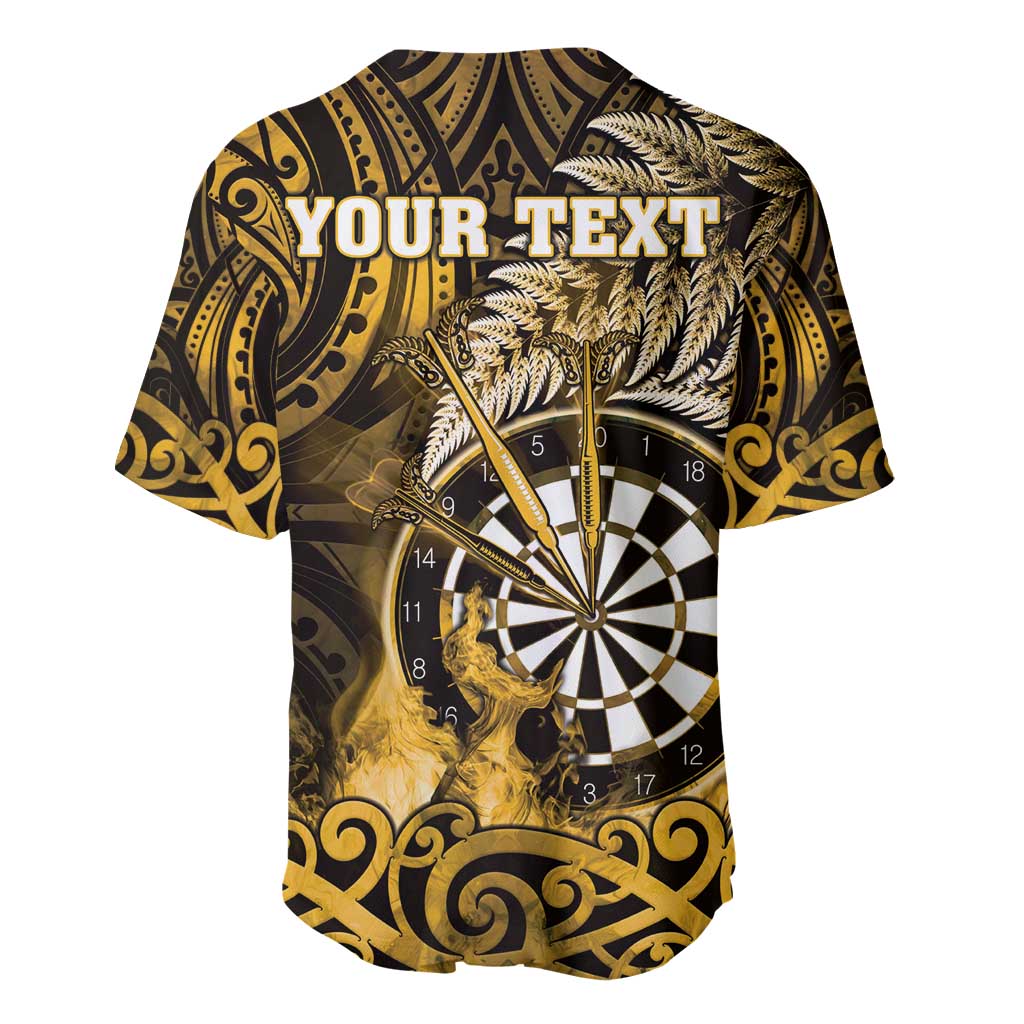 Personalised New Zealand Darts Baseball Jersey Maori Koru Dartboard Gold Flame