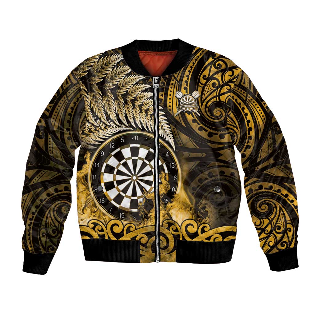 Personalised New Zealand Darts Bomber Jacket Maori Koru Dartboard Gold Flame