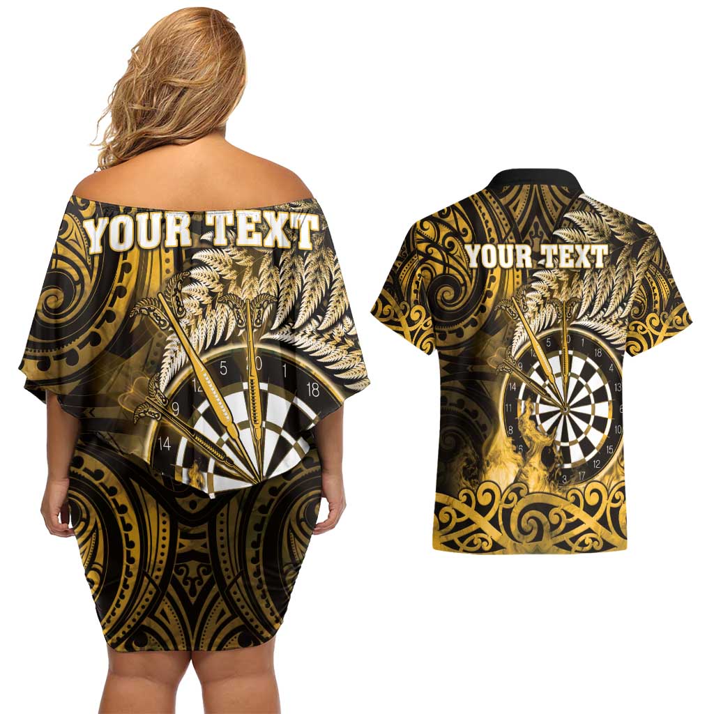Personalised New Zealand Darts Couples Matching Off Shoulder Short Dress and Hawaiian Shirt Maori Koru Dartboard Gold Flame