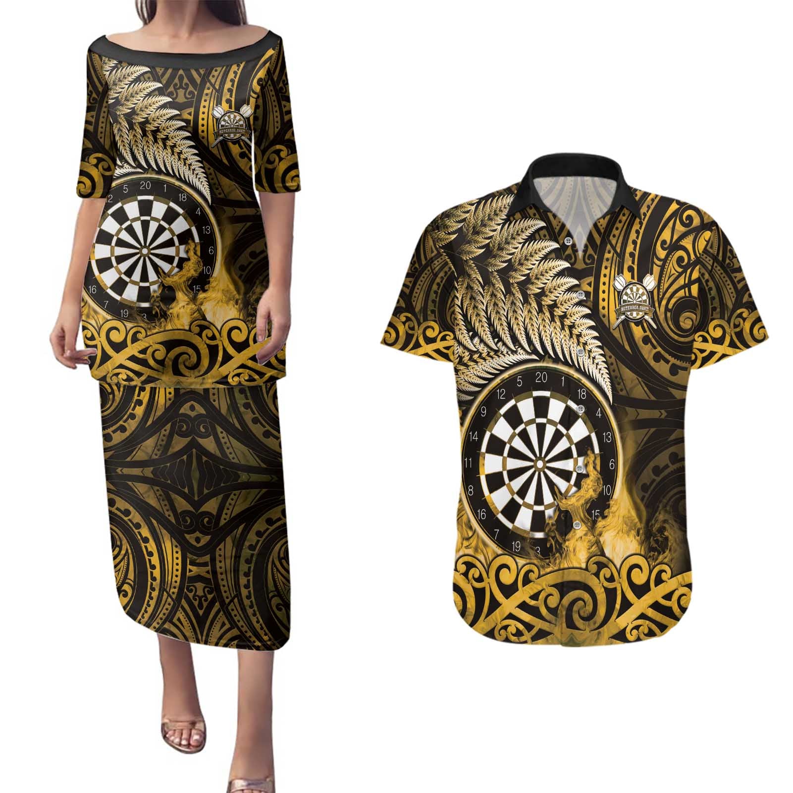 Personalised New Zealand Darts Couples Matching Puletasi and Hawaiian Shirt Maori Koru Dartboard Gold Flame