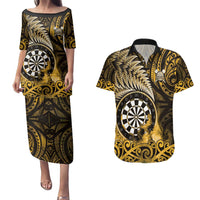 Personalised New Zealand Darts Couples Matching Puletasi and Hawaiian Shirt Maori Koru Dartboard Gold Flame