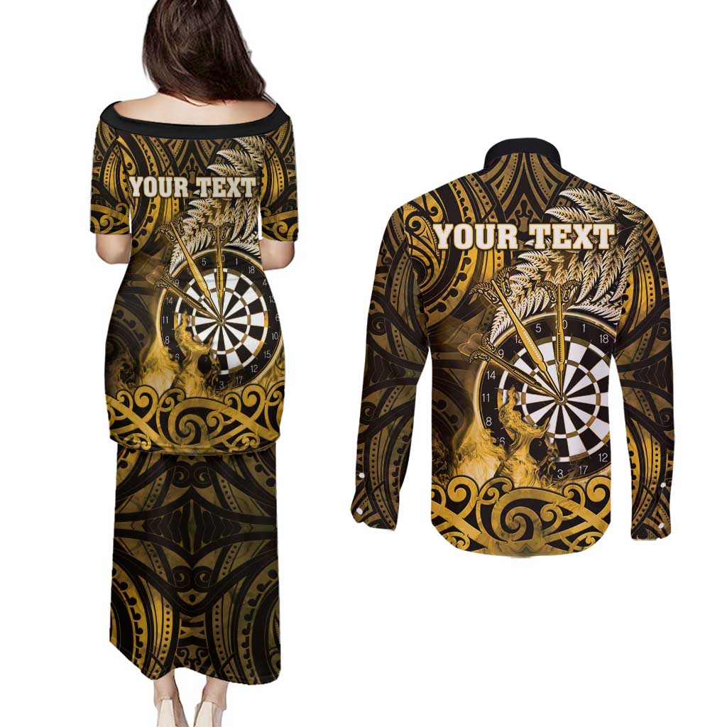 Personalised New Zealand Darts Couples Matching Puletasi and Long Sleeve Button Shirt Maori Koru Dartboard Gold Flame
