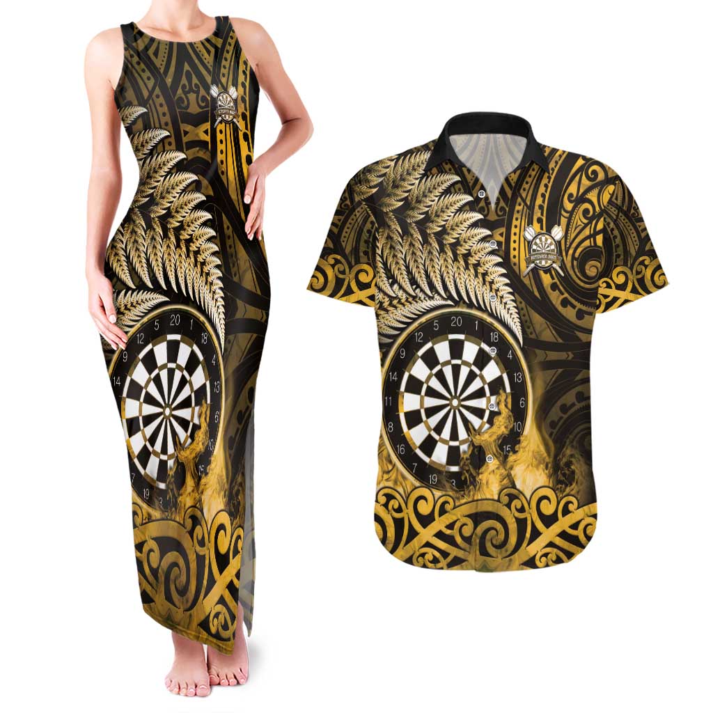 Personalised New Zealand Darts Couples Matching Tank Maxi Dress and Hawaiian Shirt Maori Koru Dartboard Gold Flame