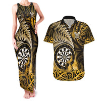 Personalised New Zealand Darts Couples Matching Tank Maxi Dress and Hawaiian Shirt Maori Koru Dartboard Gold Flame