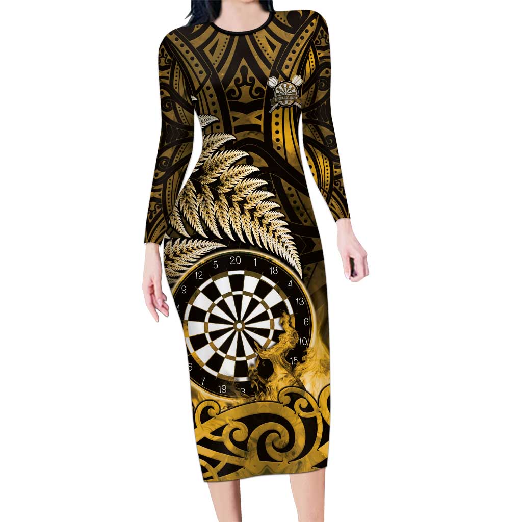 Personalised New Zealand Darts Family Matching Long Sleeve Bodycon Dress and Hawaiian Shirt Maori Koru Dartboard Gold Flame
