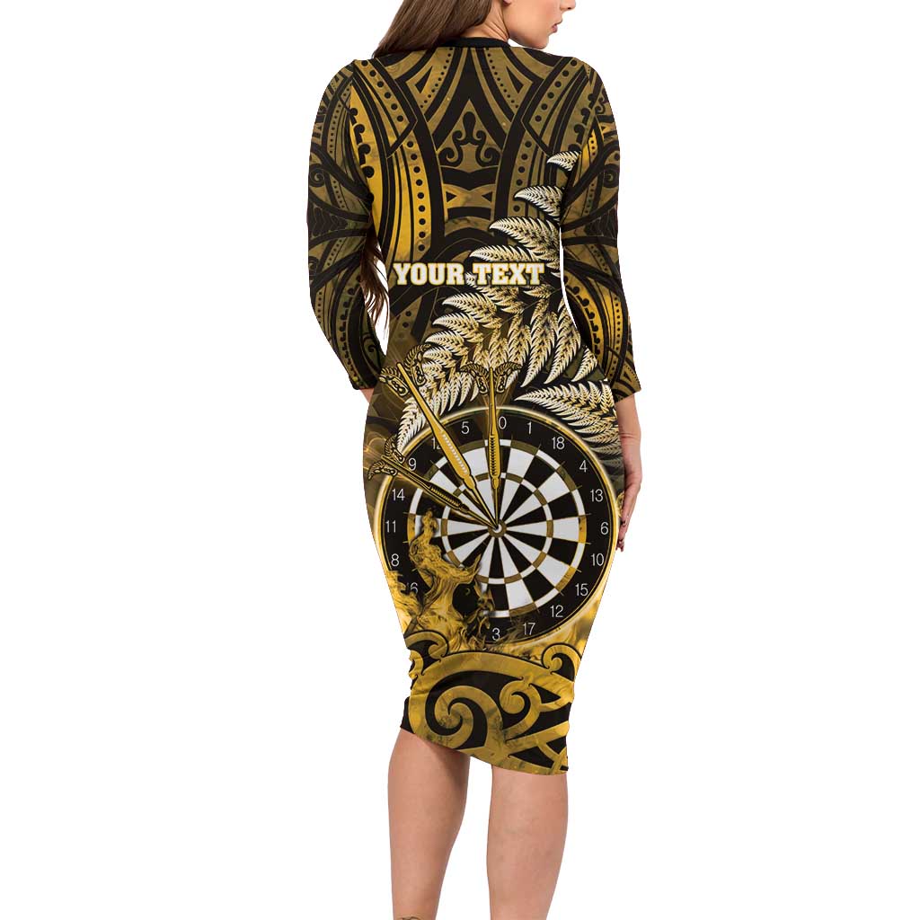 Personalised New Zealand Darts Family Matching Long Sleeve Bodycon Dress and Hawaiian Shirt Maori Koru Dartboard Gold Flame