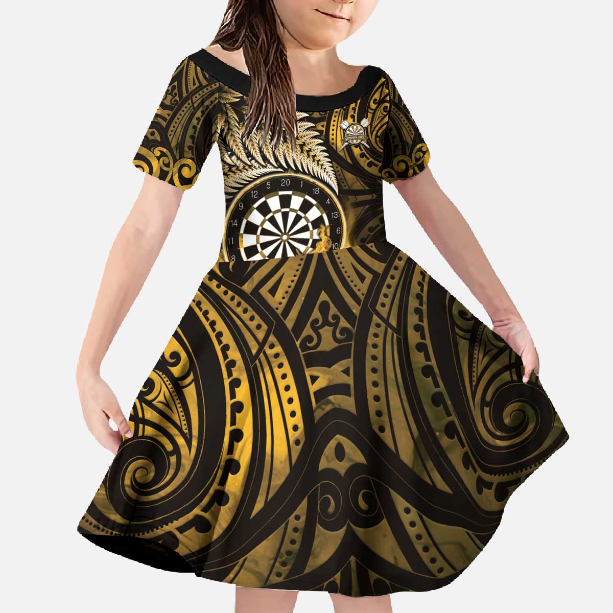 Personalised New Zealand Darts Family Matching Off The Shoulder Long Sleeve Dress and Hawaiian Shirt Maori Koru Dartboard Gold Flame LT05 Daughter's Dress Gold - Polynesian Pride
