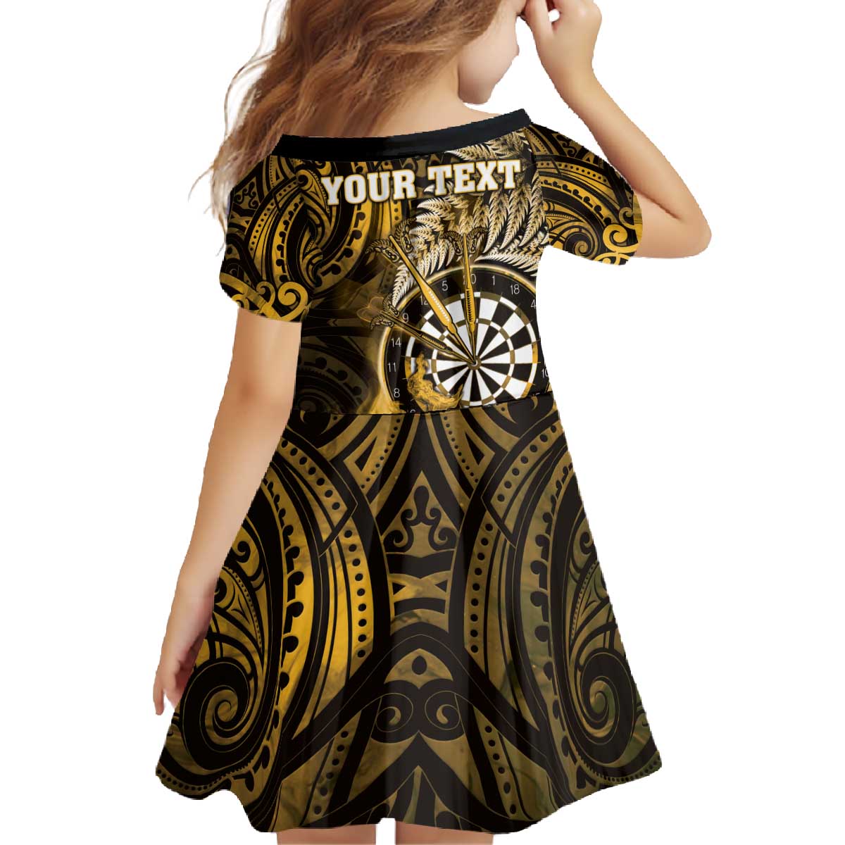 Personalised New Zealand Darts Family Matching Off The Shoulder Long Sleeve Dress and Hawaiian Shirt Maori Koru Dartboard Gold Flame LT05 - Polynesian Pride
