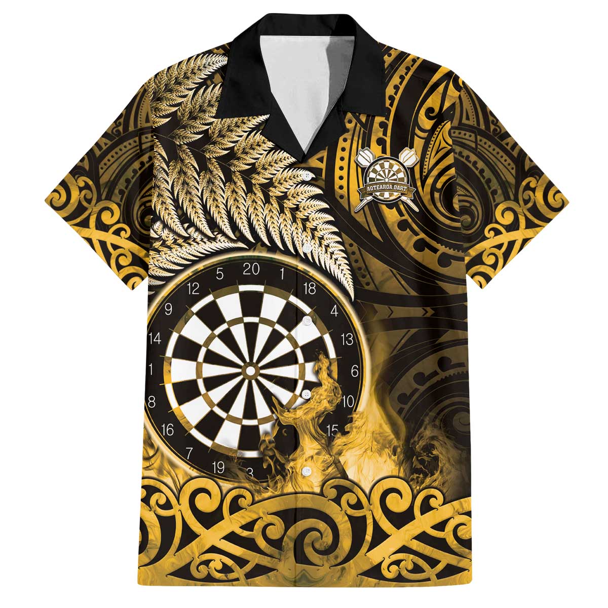 Personalised New Zealand Darts Family Matching Off The Shoulder Long Sleeve Dress and Hawaiian Shirt Maori Koru Dartboard Gold Flame LT05 Dad's Shirt - Short Sleeve Gold - Polynesian Pride