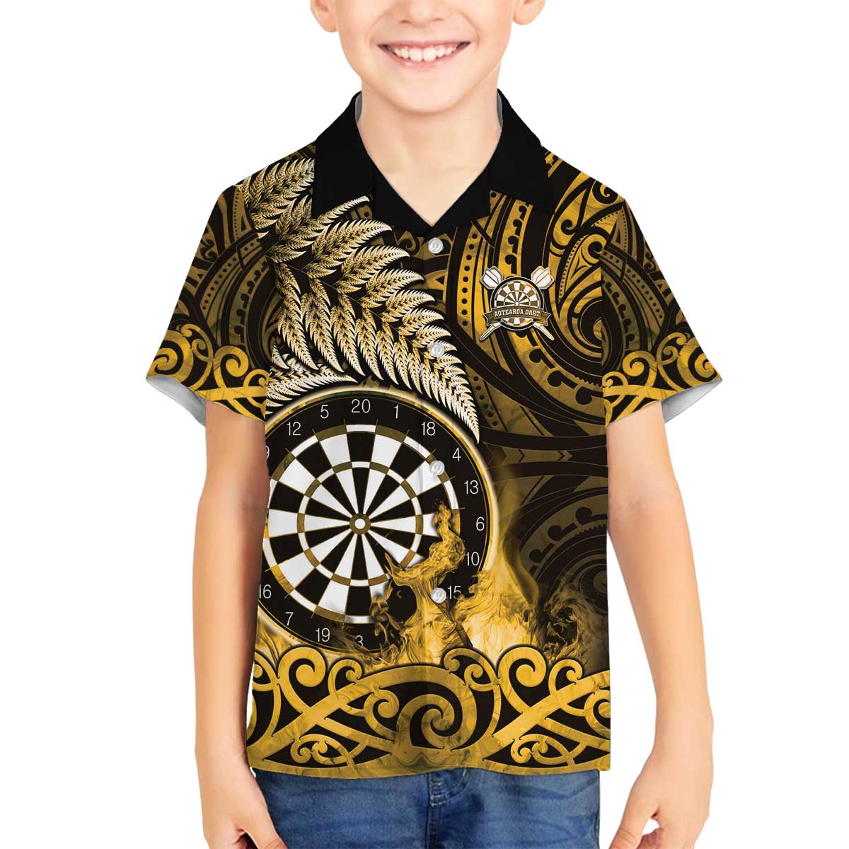 Personalised New Zealand Darts Family Matching Off The Shoulder Long Sleeve Dress and Hawaiian Shirt Maori Koru Dartboard Gold Flame LT05 Son's Shirt Gold - Polynesian Pride
