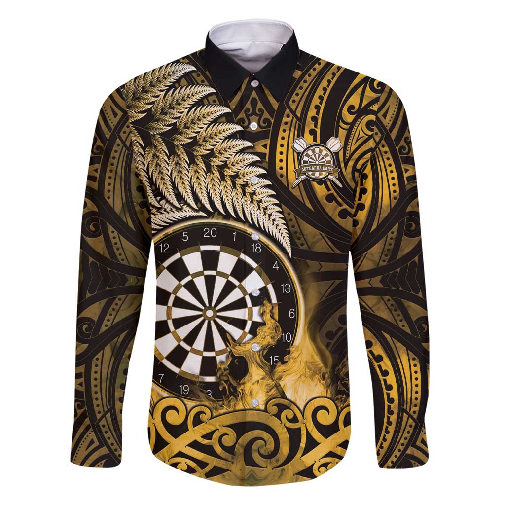 Personalised New Zealand Darts Family Matching Off Shoulder Maxi Dress and Hawaiian Shirt Maori Koru Dartboard Gold Flame LT05 Dad's Shirt - Long Sleeve Gold - Polynesian Pride