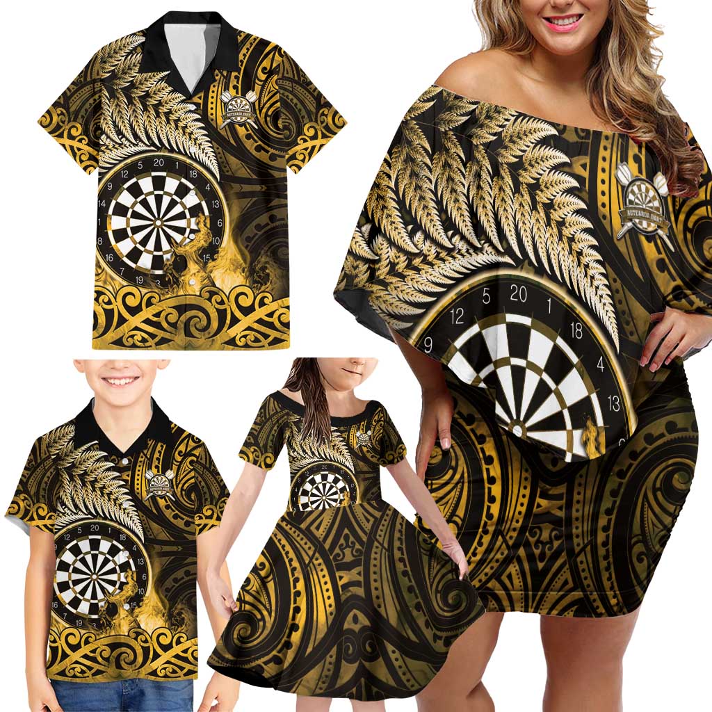 Personalised New Zealand Darts Family Matching Off Shoulder Short Dress and Hawaiian Shirt Maori Koru Dartboard Gold Flame