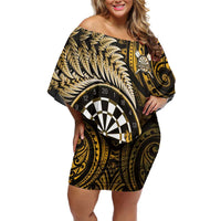 Personalised New Zealand Darts Family Matching Off Shoulder Short Dress and Hawaiian Shirt Maori Koru Dartboard Gold Flame