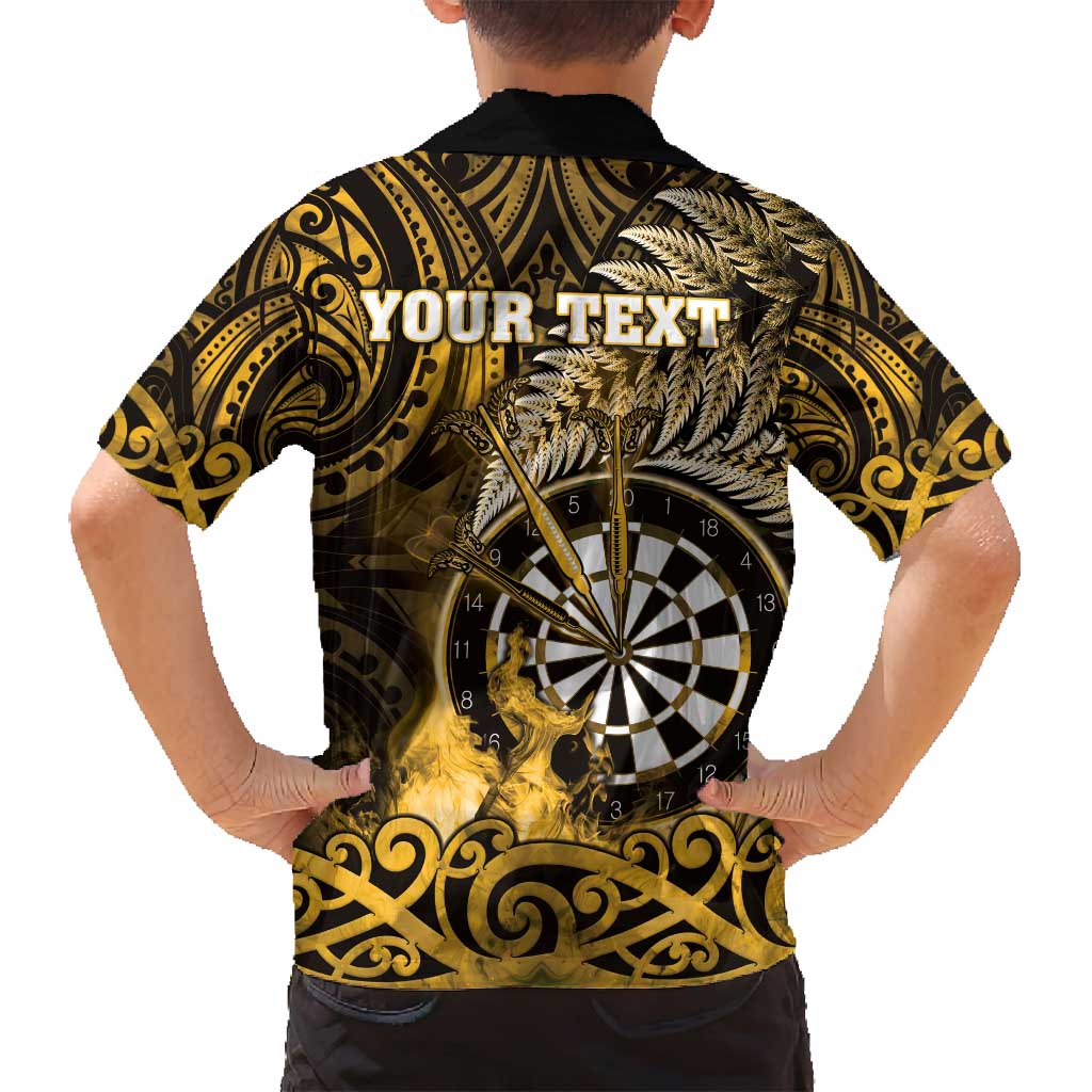 Personalised New Zealand Darts Family Matching Puletasi and Hawaiian Shirt Maori Koru Dartboard Gold Flame