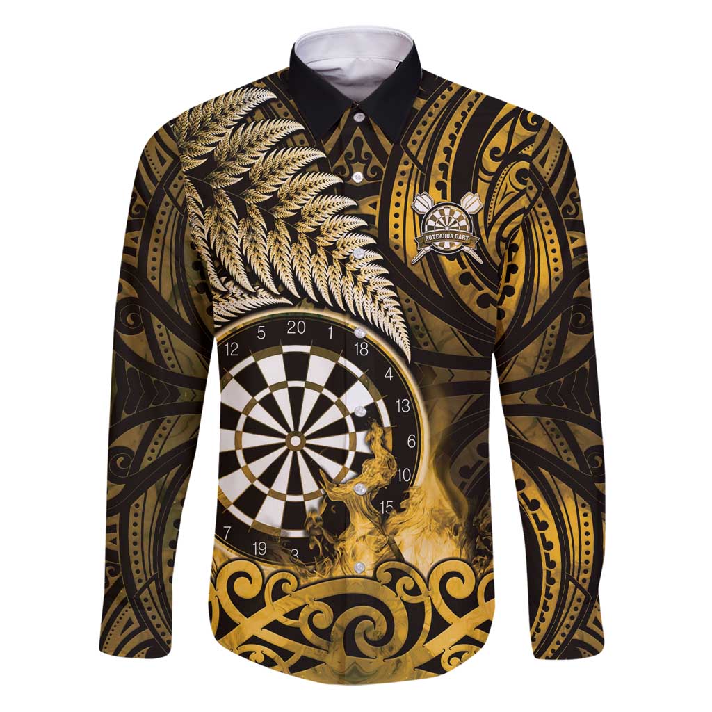 Personalised New Zealand Darts Family Matching Puletasi and Hawaiian Shirt Maori Koru Dartboard Gold Flame