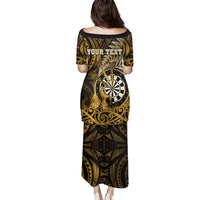 Personalised New Zealand Darts Family Matching Puletasi and Hawaiian Shirt Maori Koru Dartboard Gold Flame
