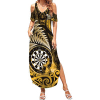 Personalised New Zealand Darts Family Matching Summer Maxi Dress and Hawaiian Shirt Maori Koru Dartboard Gold Flame