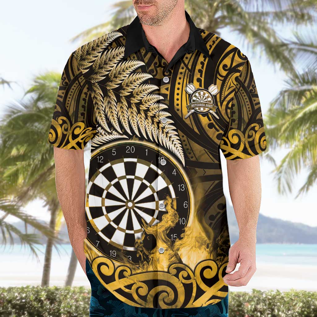 Personalised New Zealand Darts Hawaiian Shirt Maori Koru Dartboard Gold Flame