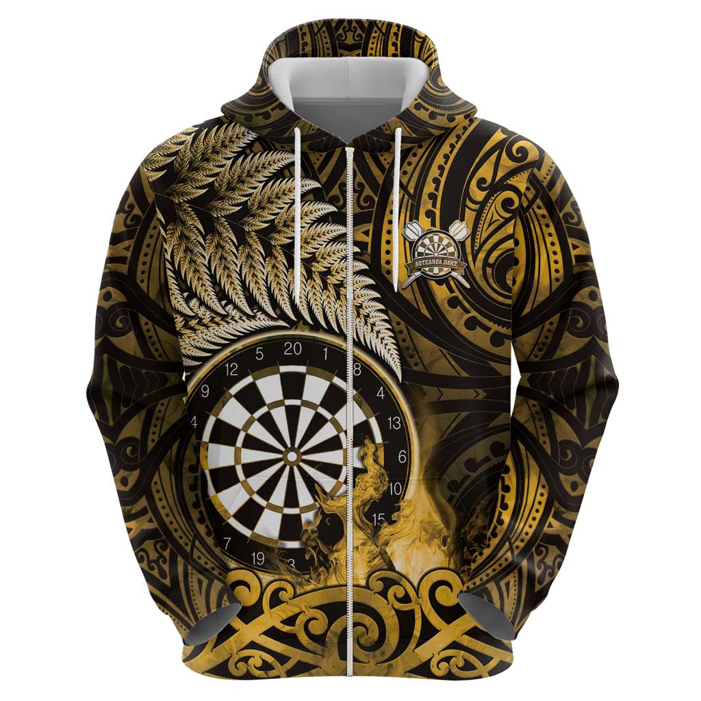 Personalised New Zealand Darts Hoodie Maori Koru Dartboard Gold Flame