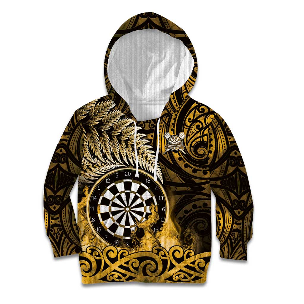 Personalised New Zealand Darts Kid Hoodie Maori Koru Dartboard Gold Flame