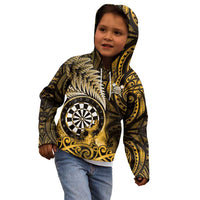 Personalised New Zealand Darts Kid Hoodie Maori Koru Dartboard Gold Flame