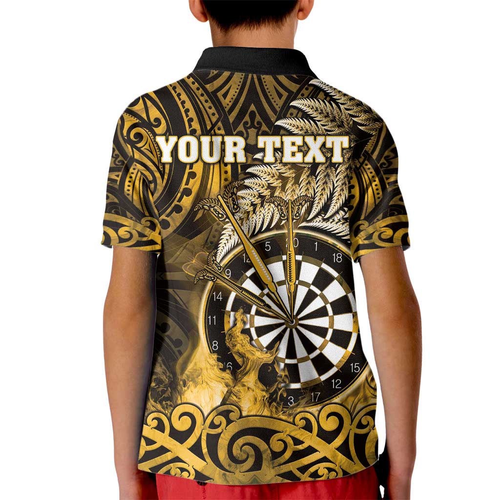 Personalised New Zealand Darts Kid Polo Shirt Maori Koru Dartboard Gold Flame