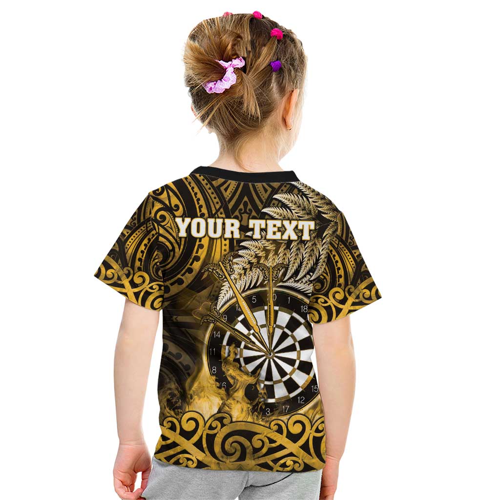 Personalised New Zealand Darts Kid T Shirt Maori Koru Dartboard Gold Flame