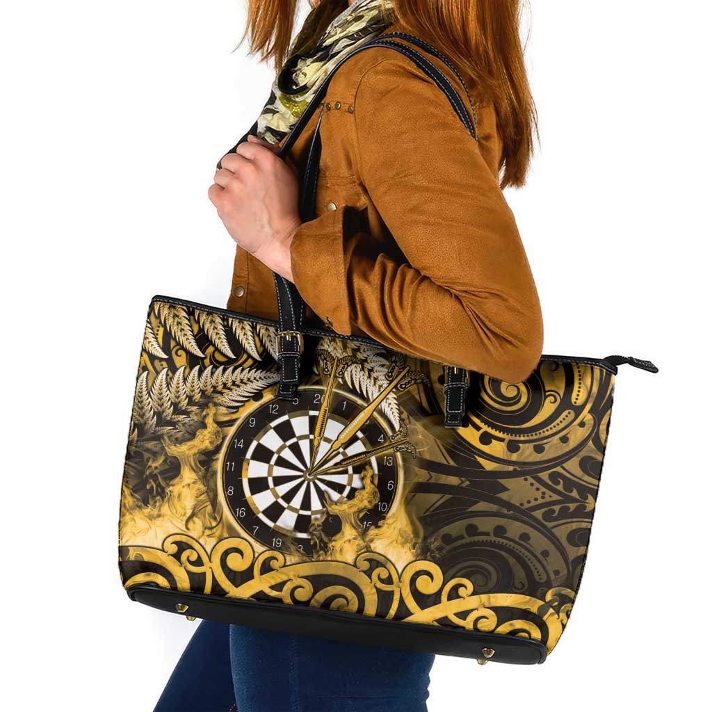New Zealand Darts Leather Tote Bag Maori Koru Dartboard Gold Flame LT05 Gold - Polynesian Pride