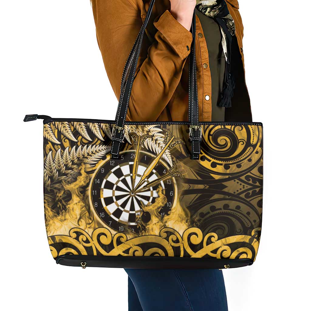New Zealand Darts Leather Tote Bag Maori Koru Dartboard Gold Flame LT05 - Polynesian Pride