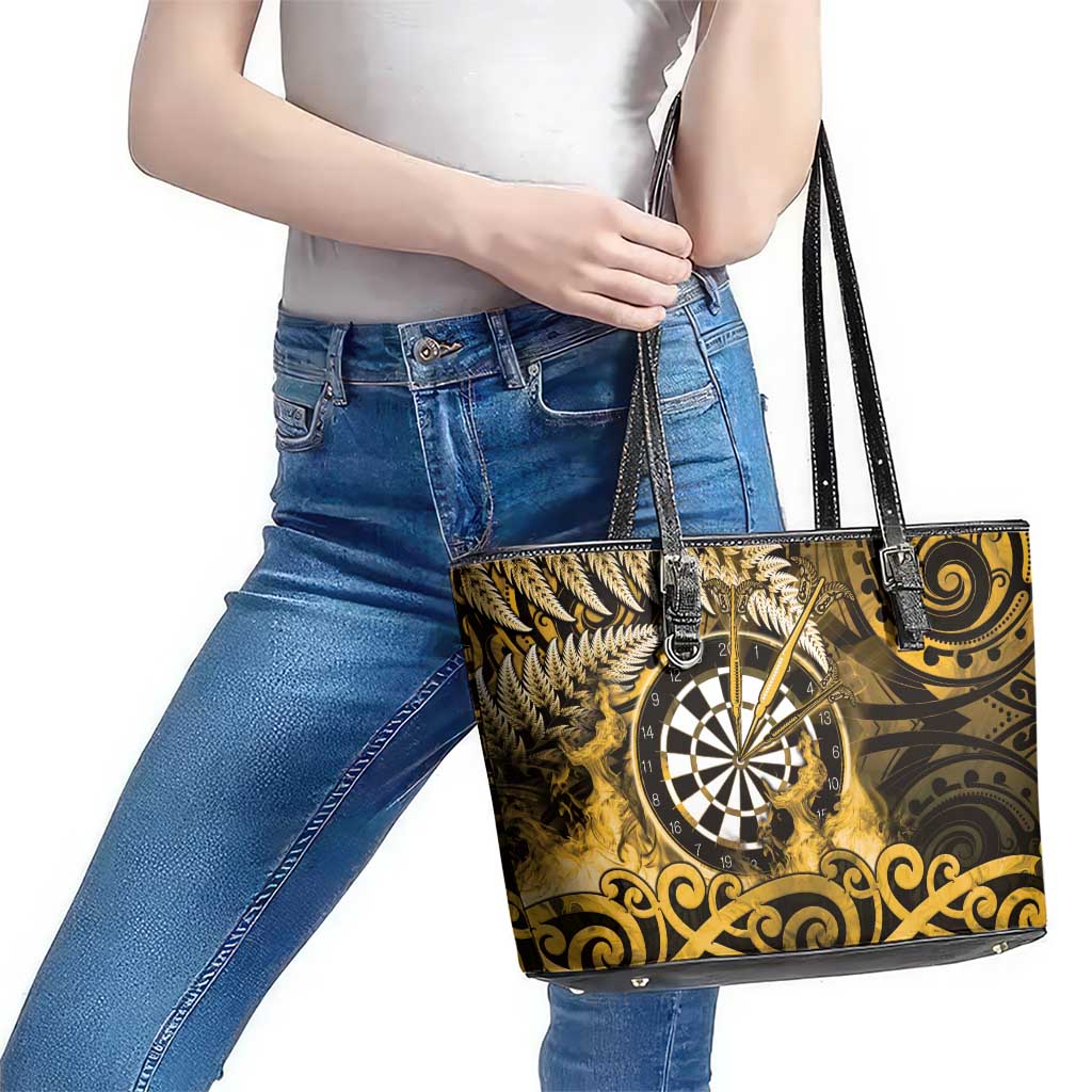 New Zealand Darts Leather Tote Bag Maori Koru Dartboard Gold Flame LT05 - Polynesian Pride