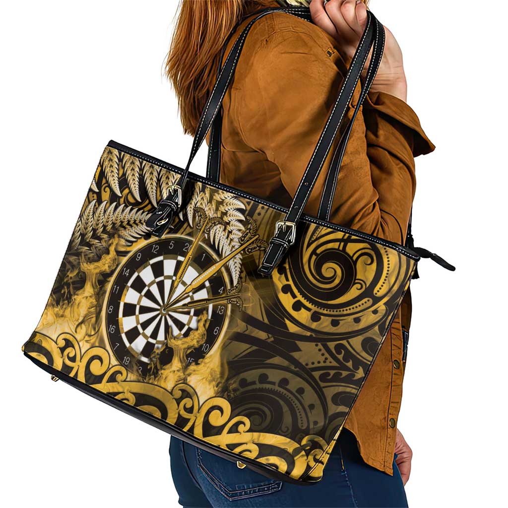 New Zealand Darts Leather Tote Bag Maori Koru Dartboard Gold Flame LT05 - Polynesian Pride