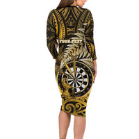 Personalised New Zealand Darts Long Sleeve Bodycon Dress Maori Koru Dartboard Gold Flame