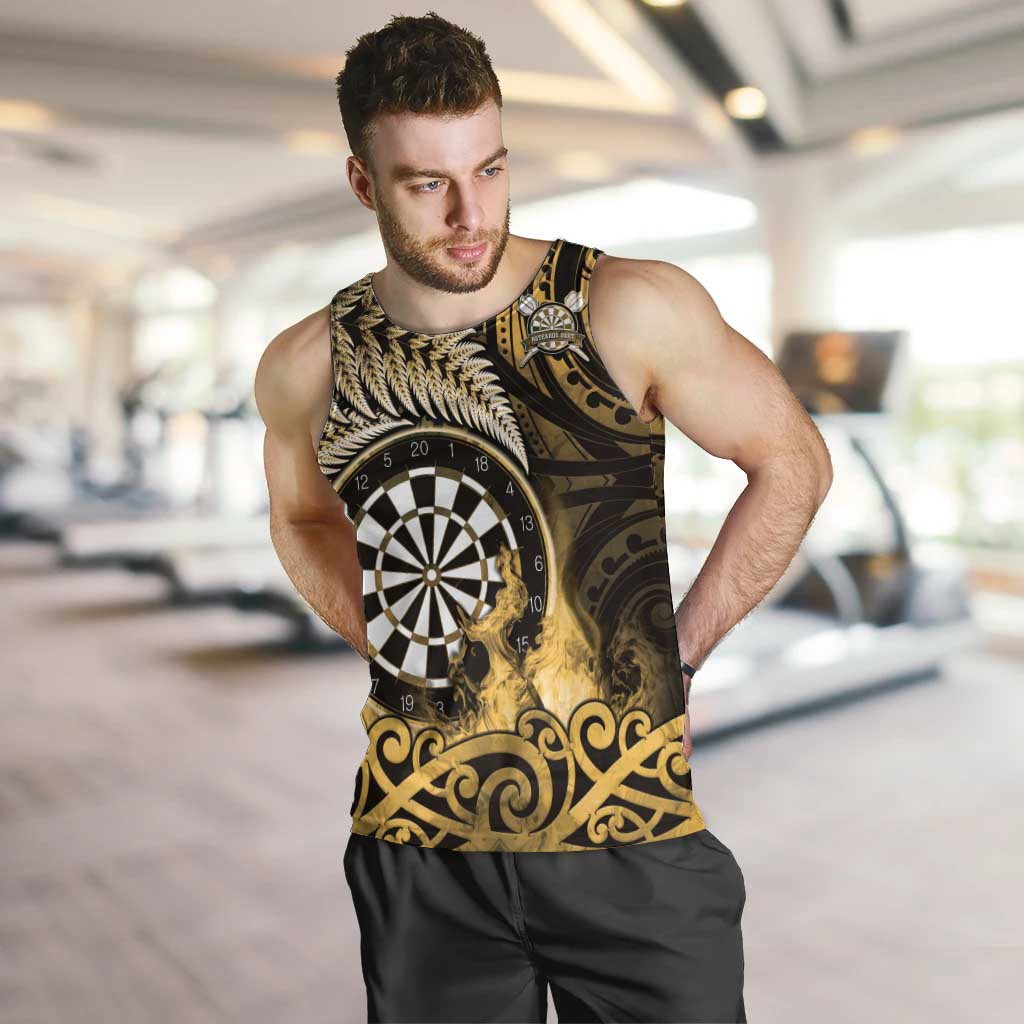 Personalised New Zealand Darts Men Tank Top Maori Koru Dartboard Gold Flame