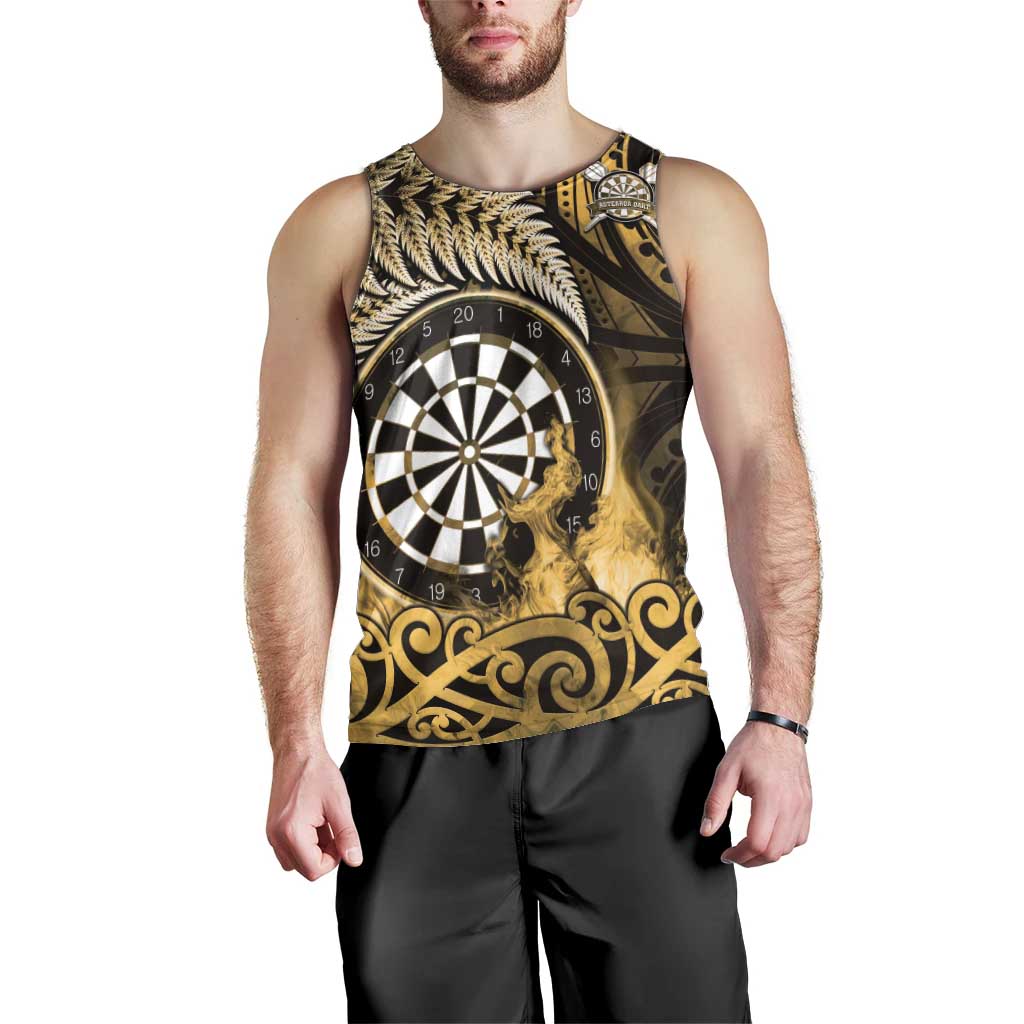 Personalised New Zealand Darts Men Tank Top Maori Koru Dartboard Gold Flame