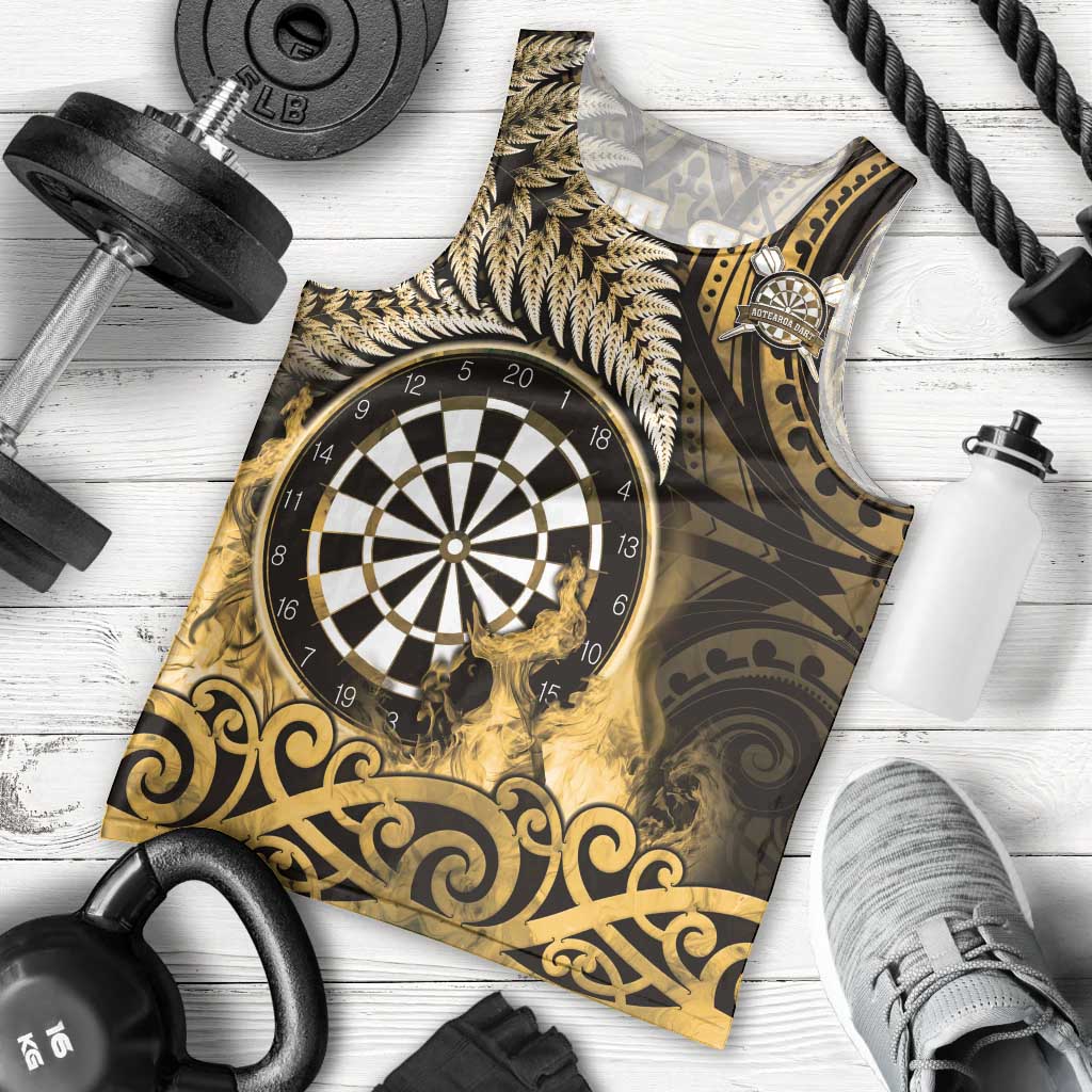 Personalised New Zealand Darts Men Tank Top Maori Koru Dartboard Gold Flame