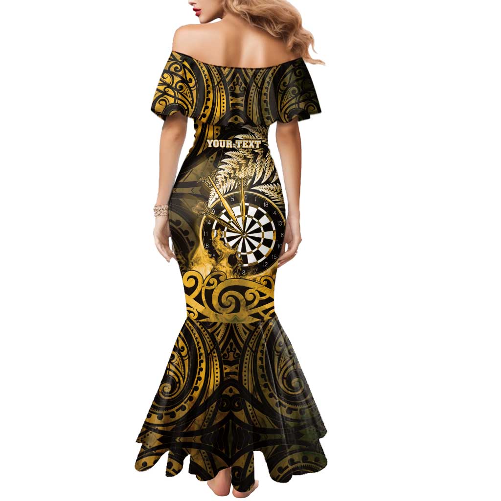 Personalised New Zealand Darts Mermaid Dress Maori Koru Dartboard Gold Flame