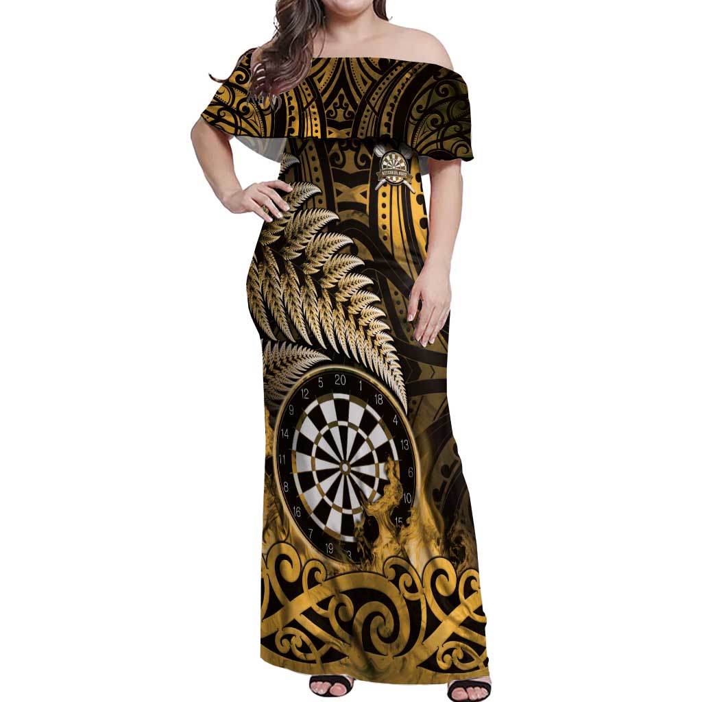 Personalised New Zealand Darts Off Shoulder Maxi Dress Maori Koru Dartboard Gold Flame