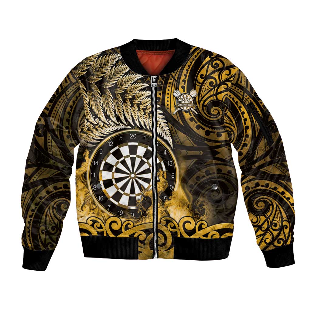 Personalised New Zealand Darts Sleeve Zip Bomber Jacket Maori Koru Dartboard Gold Flame LT05 Unisex Gold - Polynesian Pride