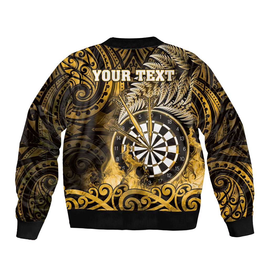 Personalised New Zealand Darts Sleeve Zip Bomber Jacket Maori Koru Dartboard Gold Flame LT05 - Polynesian Pride