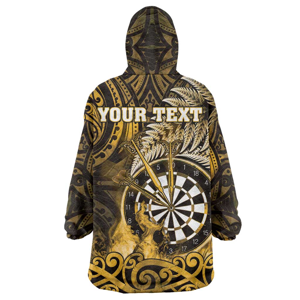 Personalised New Zealand Darts Wearable Blanket Hoodie Maori Koru Dartboard Gold Flame