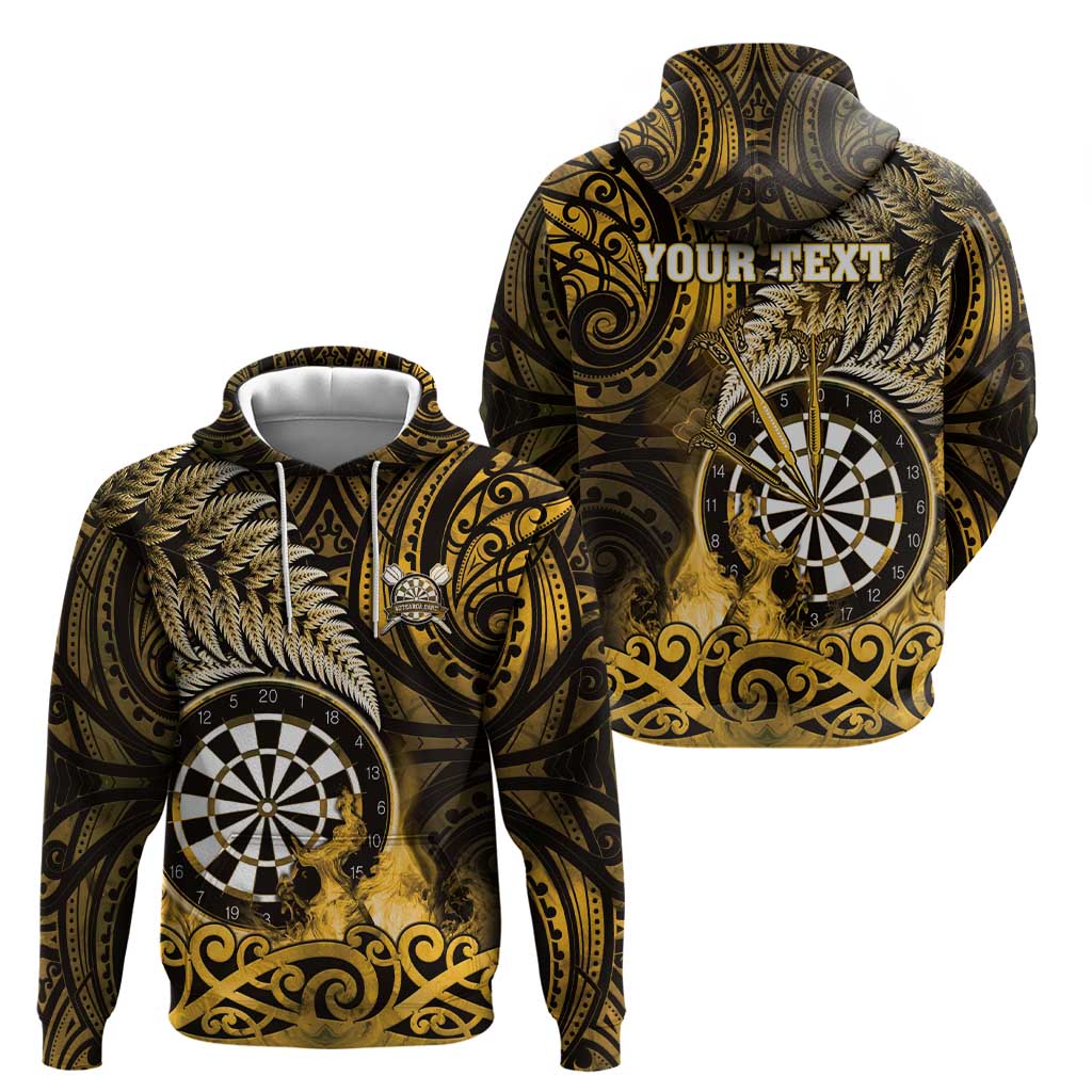 Personalised New Zealand Darts Zip Hoodie Maori Koru Dartboard Gold Flame