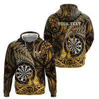 Personalised New Zealand Darts Zip Hoodie Maori Koru Dartboard Gold Flame