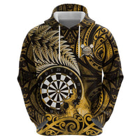 Personalised New Zealand Darts Zip Hoodie Maori Koru Dartboard Gold Flame