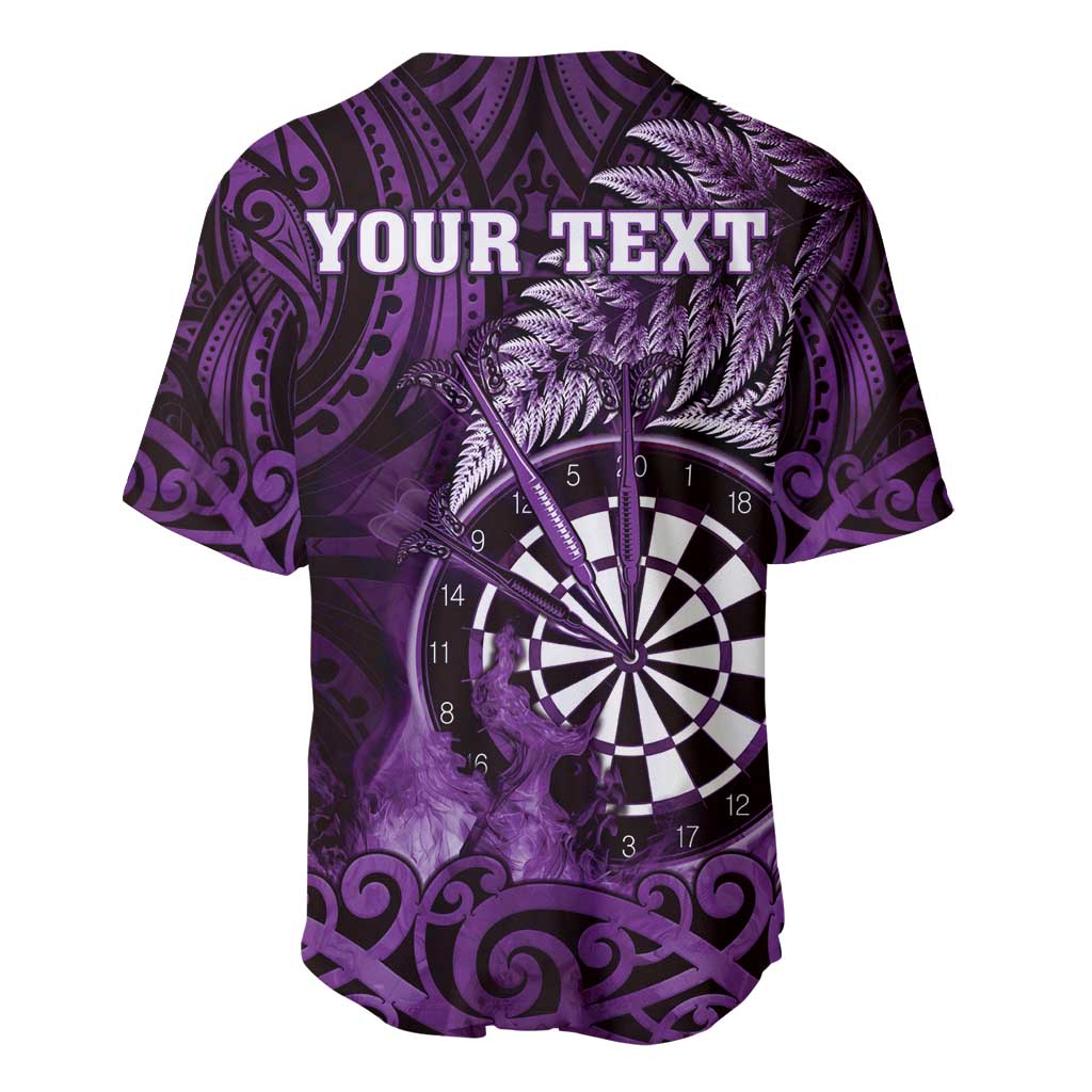Personalised New Zealand Darts Baseball Jersey Maori Koru Dartboard Purple Flame