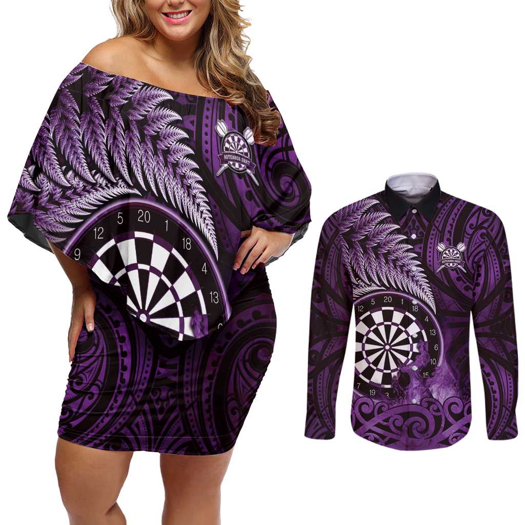 Personalised New Zealand Darts Couples Matching Off Shoulder Short Dress and Long Sleeve Button Shirt Maori Koru Dartboard Purple Flame