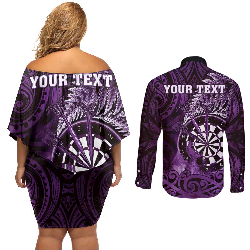 Personalised New Zealand Darts Couples Matching Off Shoulder Short Dress and Long Sleeve Button Shirt Maori Koru Dartboard Purple Flame