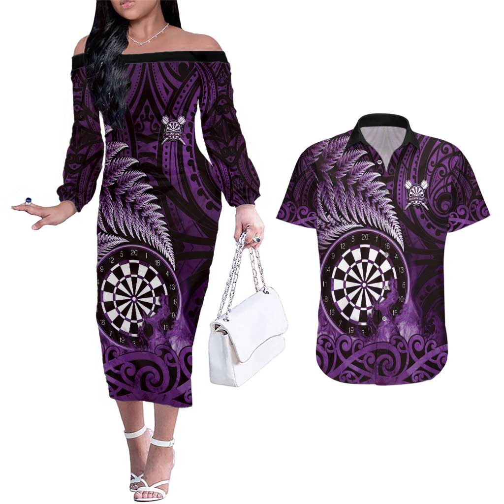 Personalised New Zealand Darts Couples Matching Off The Shoulder Long Sleeve Dress and Hawaiian Shirt Maori Koru Dartboard Purple Flame